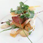 Root vegetable laminate for the Neston Park lamb, layered roots and goats' cheese, honeycomb and pollen – by Chris Horridge