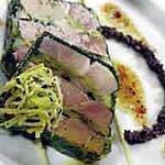 Terrine of bacon and cabbage with leek purée and fresh morels – by Kevin Thornton