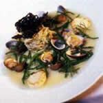 Sauté of Penclawdd cockles and scallops with marsh samphire and laverbread pasta – by Adrian Coulthard