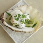 Loch Fyne angel oyster, pickled cucumber, caviar creme fraiche, by Simon Young