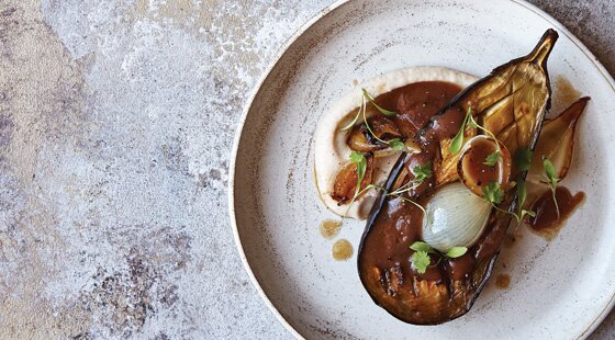 Recipe of the week: Slow-cooked aubergines, tamarind, roasted onion, white bean purée