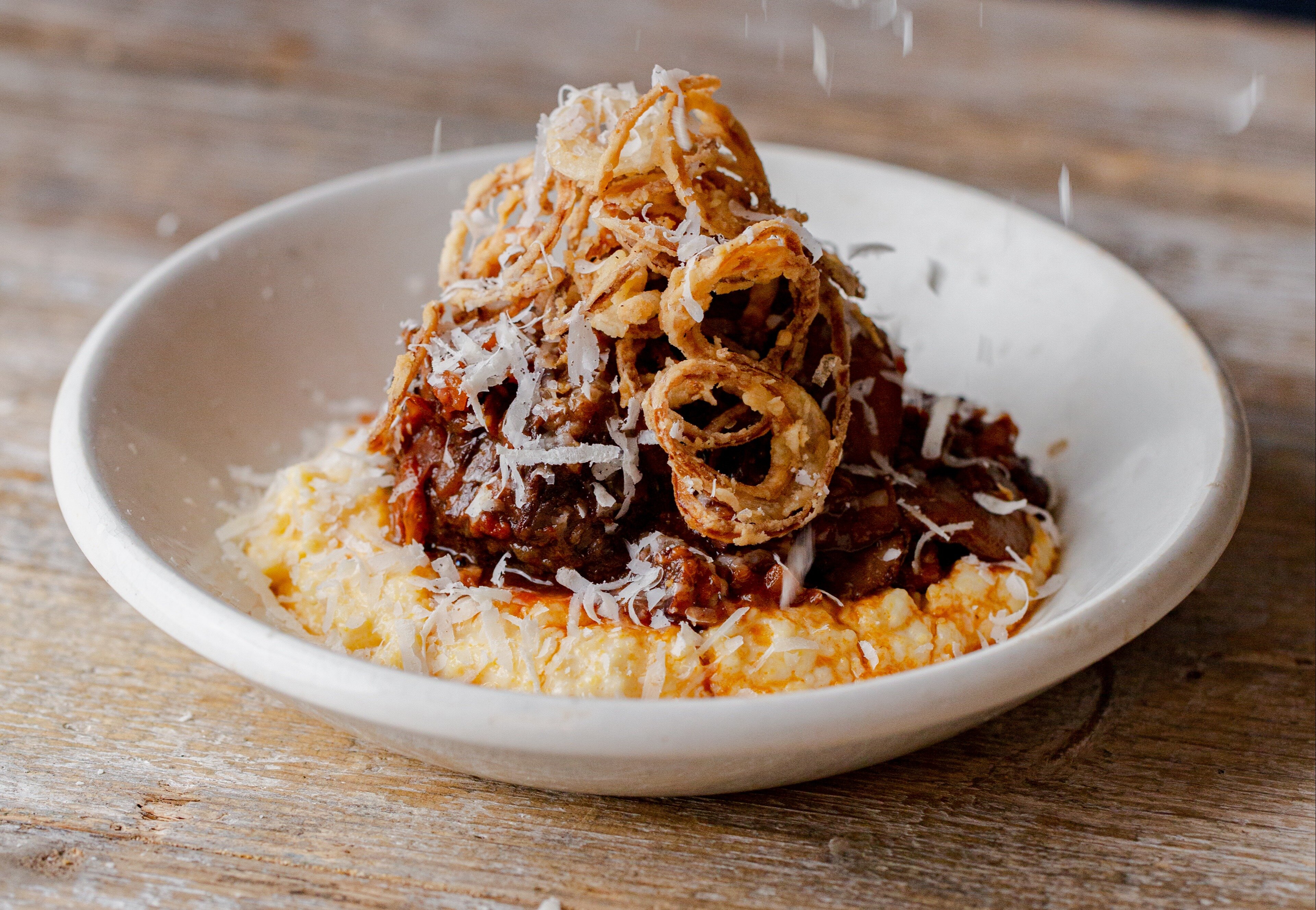 Recipe: Slow-cooked beef cheek with soft polenta, crispy shallots and Parmesan, from The Bull & Last