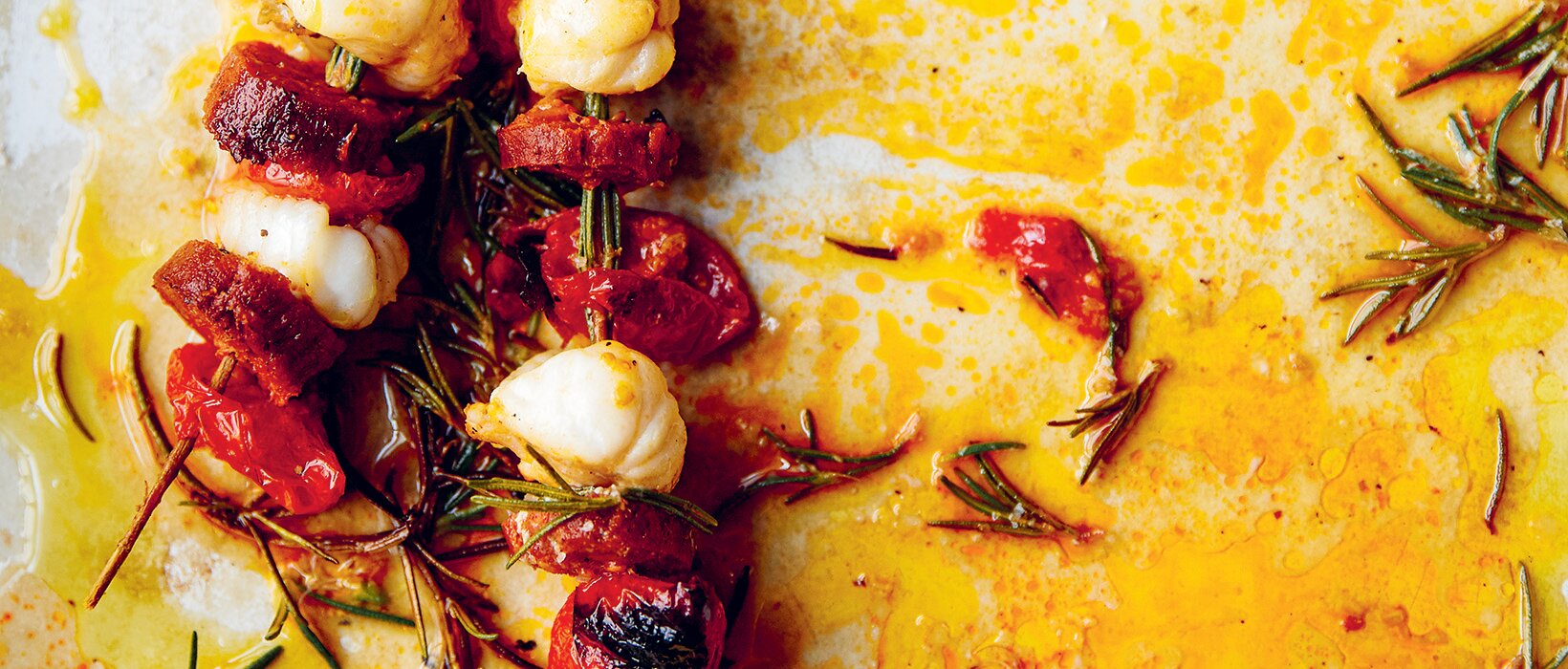 Recipe of the week: monkfish, Cornish chorizo and sun-blush tomatoes on rosemary skewers by Emily Scott