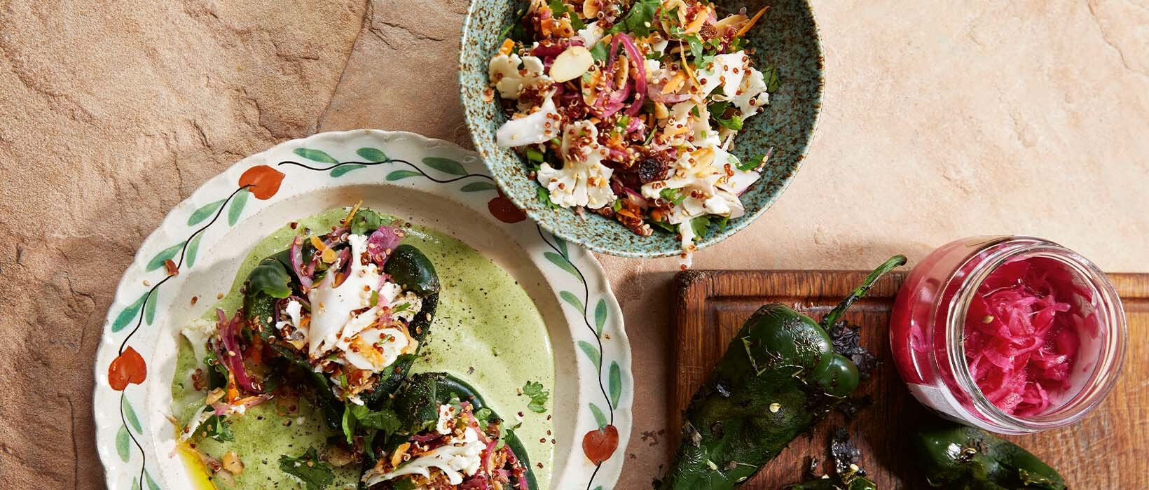 Recipe: Summer poblano peppers with crunchy cauliflower salad and wild herb mole