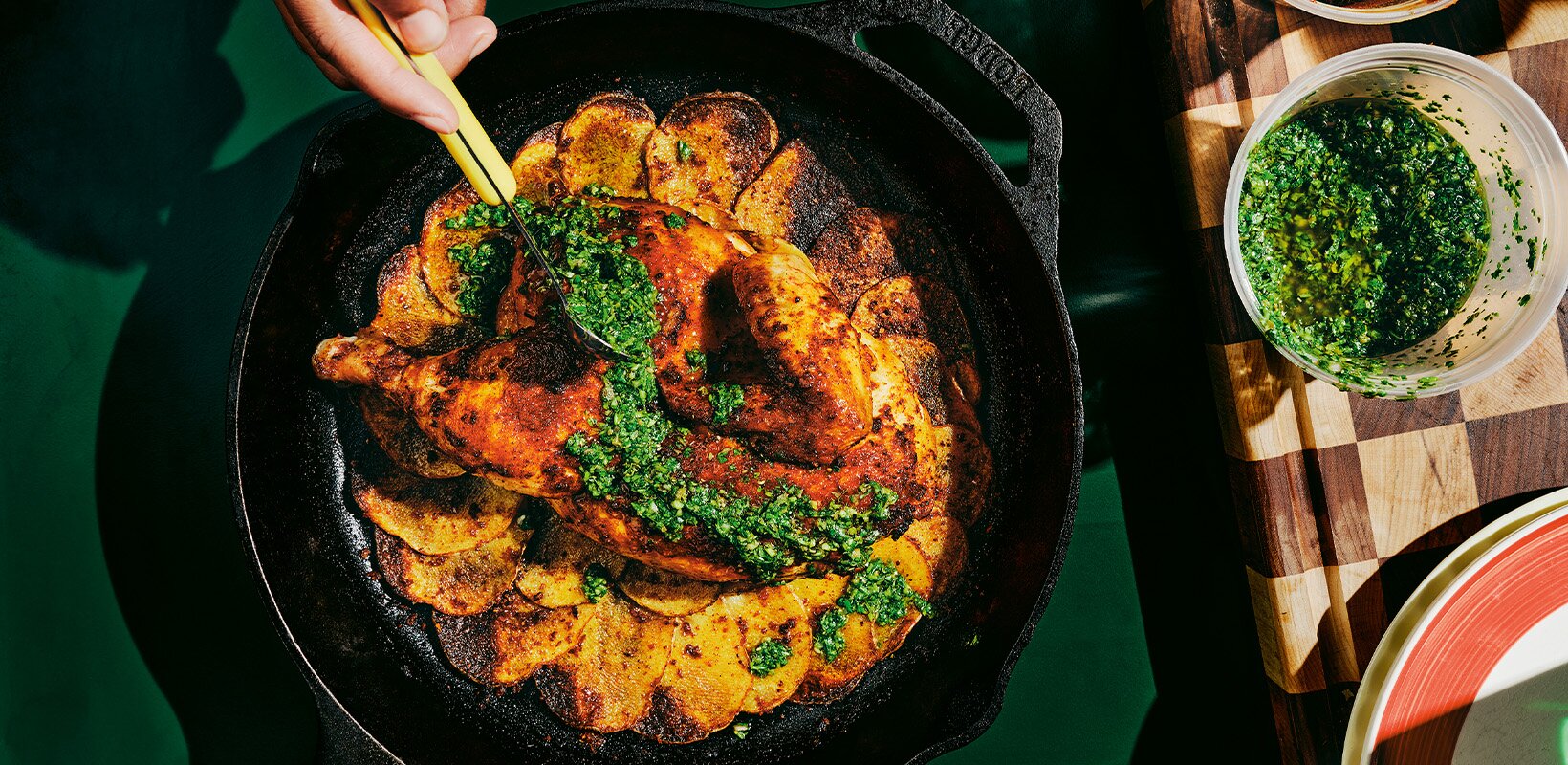 Recipe: Chilli-basted half chicken with caper chimichurri