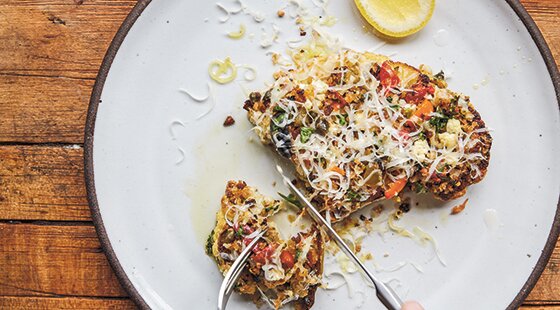 Cauliflower steak with provolone and pickled peppers