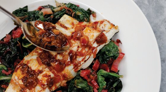 Sea bass with hot paprika vinaigrette by Sam and Sam Clark