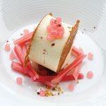 White chocolate and ginger cheesecake, ginger brittle and rhubarb, by Madalene Bonvini-Hamel