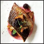 Pan-fried grey mullet with sautéed potatoes and girolles and pickled blackberries, by Madalene Bonvini-Hamel