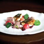 Pan-fried mackerel with pickled red gooseberries and sea lettuce jelly parcels, by Madalene Bonvini-Hamel