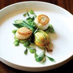 Pan-fried Dover sole and scallops with stuffed courgette flowers, by Madalene Bonvini-Hamel