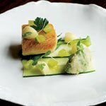 Pan-fried pollack with pollack brandade and sherry-pickled cucumber, by Madalene Bonvini-Hamel