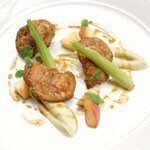 Roasted sweetbreads with pickled peaches,liquorice and fennel. by Angela Hartnett