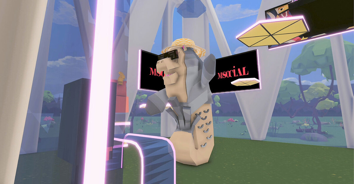 The Merlion checking in at the lobby of M Social Decentraland.