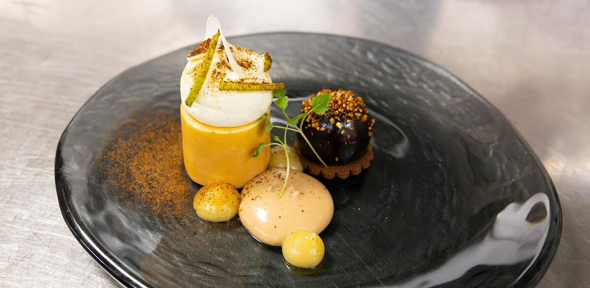 And dessert was a gianduja and pear delice with vanilla mousse, pear compote, gianduja sauce and a hazelnut semi-freddo