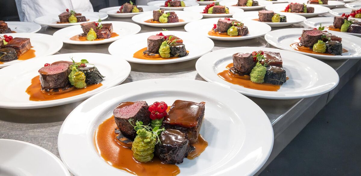 The main was seared venison loin, butternut squash, braised red cabbage, moussaka of slow-cooked venison and a rich jus